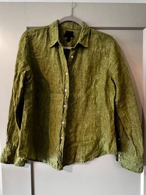 JCrew Green Linen Button-Up Shirt
